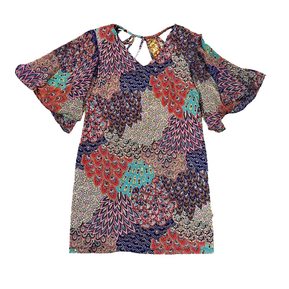MSK Peacock Pattern Bohemian Flutter Sleeve Shift Dress - SIZE L
